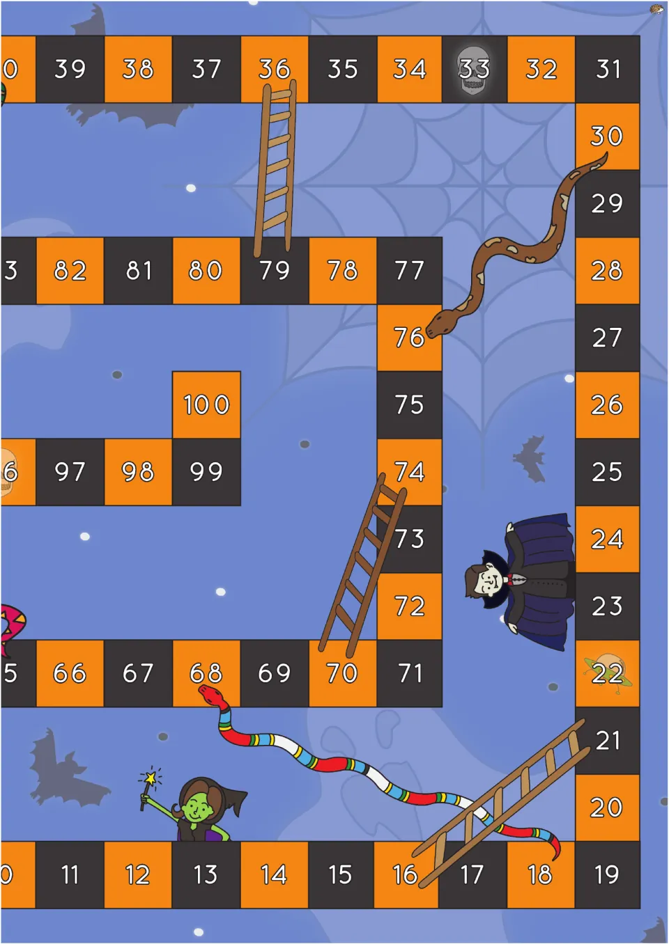 A3 board game cut-out piece: right half of the path up to 100, with Dracula, the witch, snakes and ladders