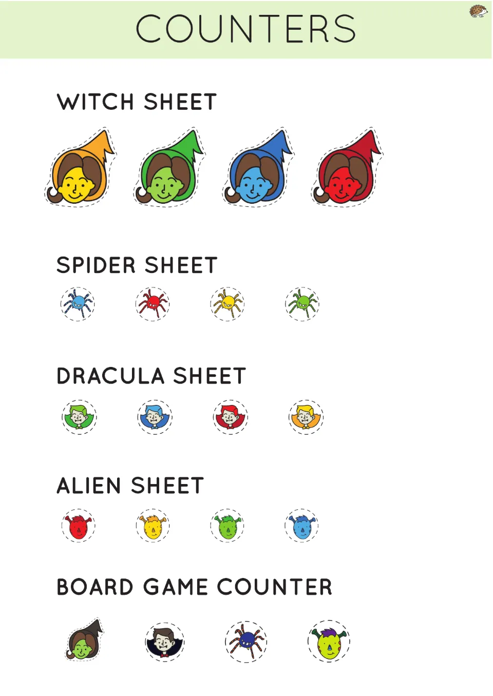 Counters to cut out: witch, spider, Dracula and alien tokens in four colors, plus four board game counters