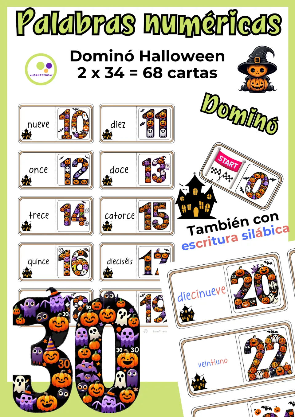 Cover for a Spanish Halloween domino of number words, 68 cards, showing nueve to dieciséis cards and a syllable-color set