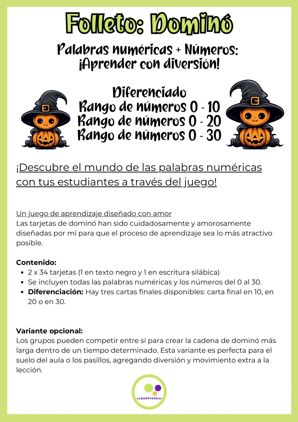 Spanish teacher handout for the domino: number ranges 0-10, 0-20 and 0-30, card contents, end-card options, group variant