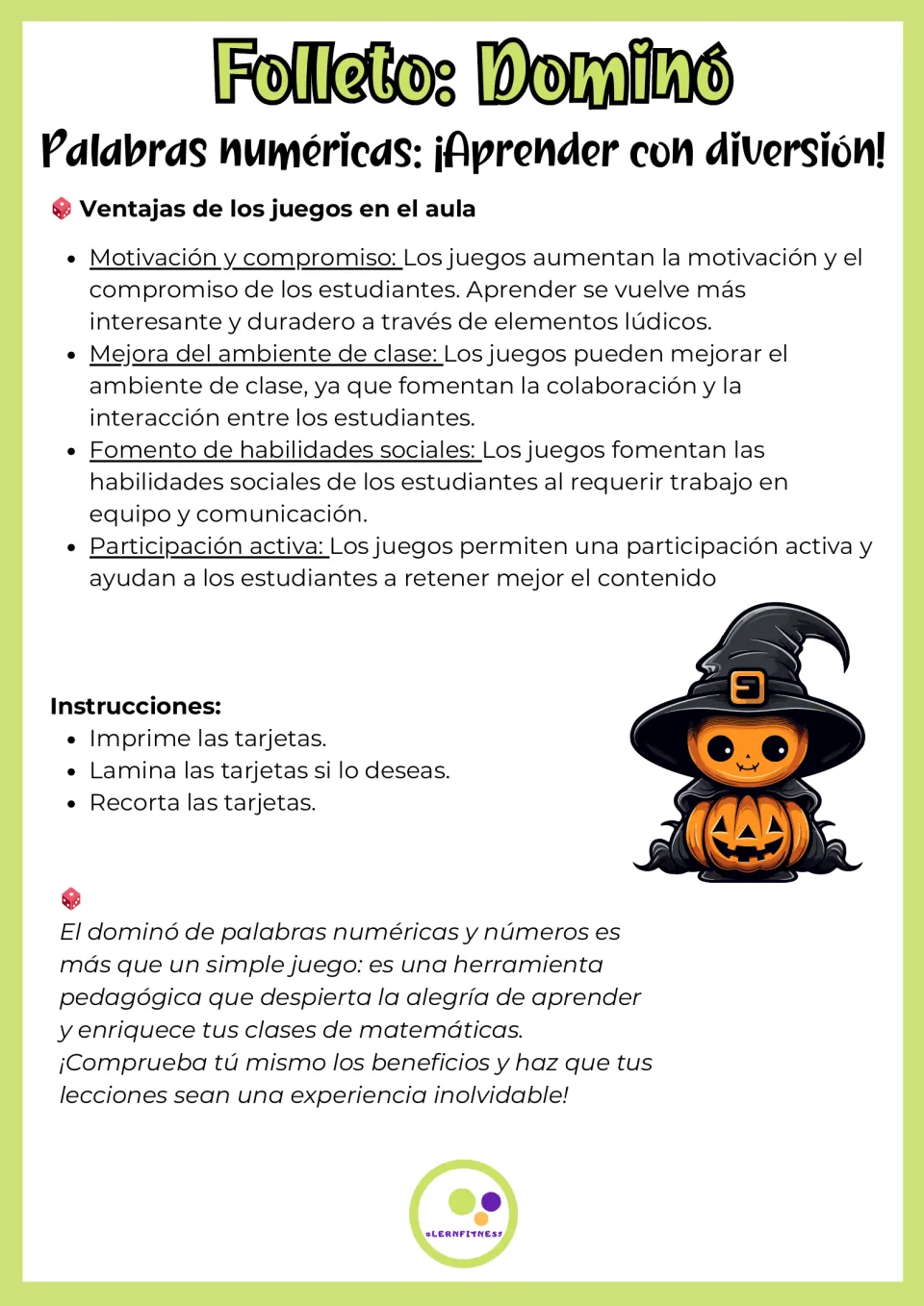 Spanish handout on games in the classroom with prep steps: print, laminate if desired and cut out the domino cards