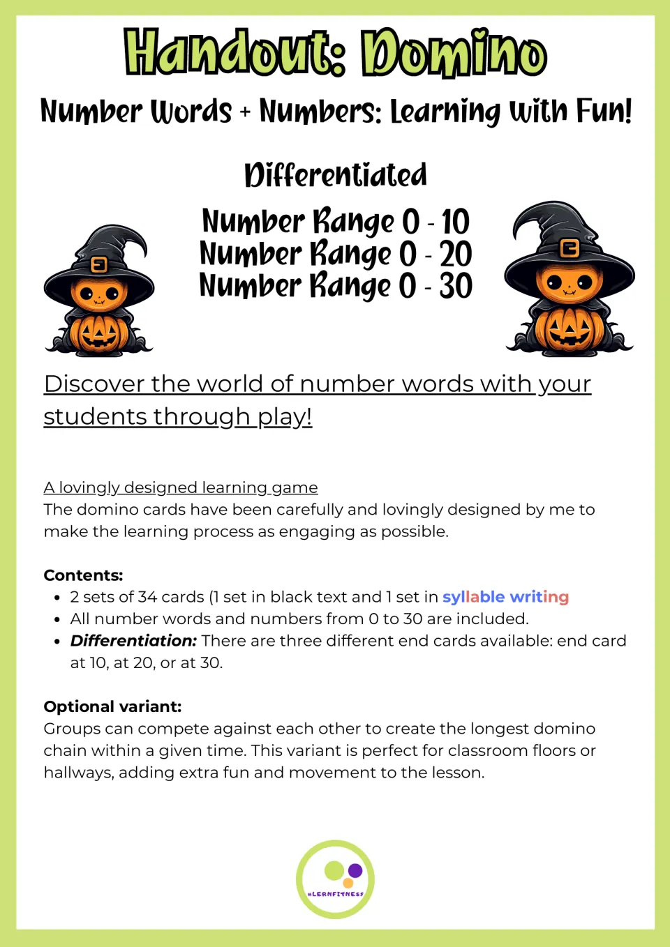 English handout for the number word domino: ranges 0-10, 0-20 and 0-30, two 34-card sets and three end-card choices
