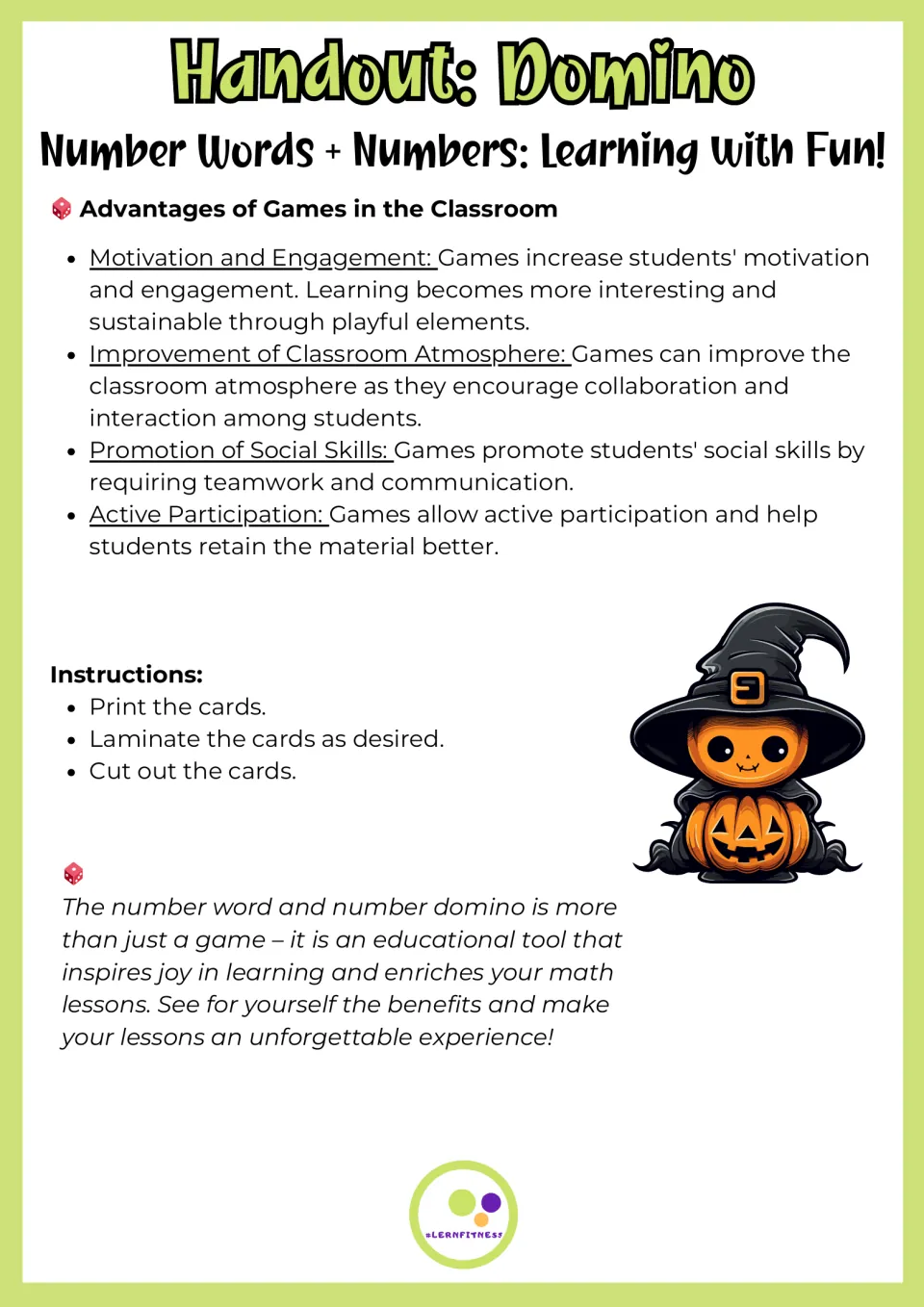 English handout on advantages of games in the classroom, plus setup steps: print the cards, laminate as desired, cut out