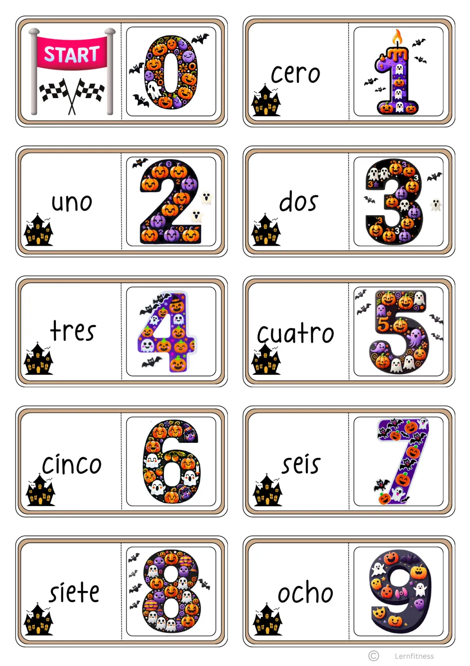 Domino cards 0 to 9: a START card, then each card pairs a Spanish word (cero to ocho) with the next Halloween numeral