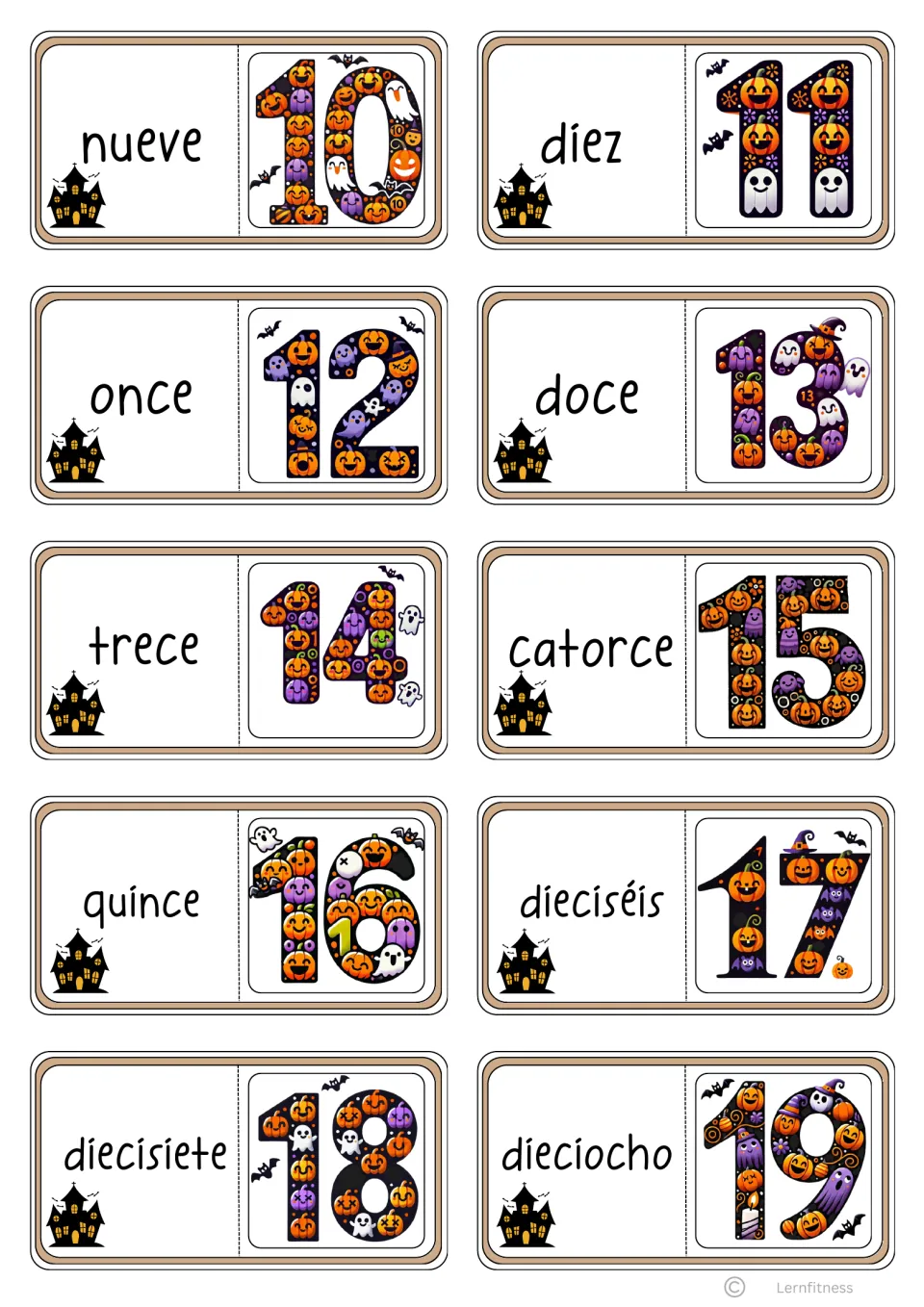 Domino cards 10 to 19: Spanish number words nueve to dieciocho, each beside the following numeral in pumpkin designs