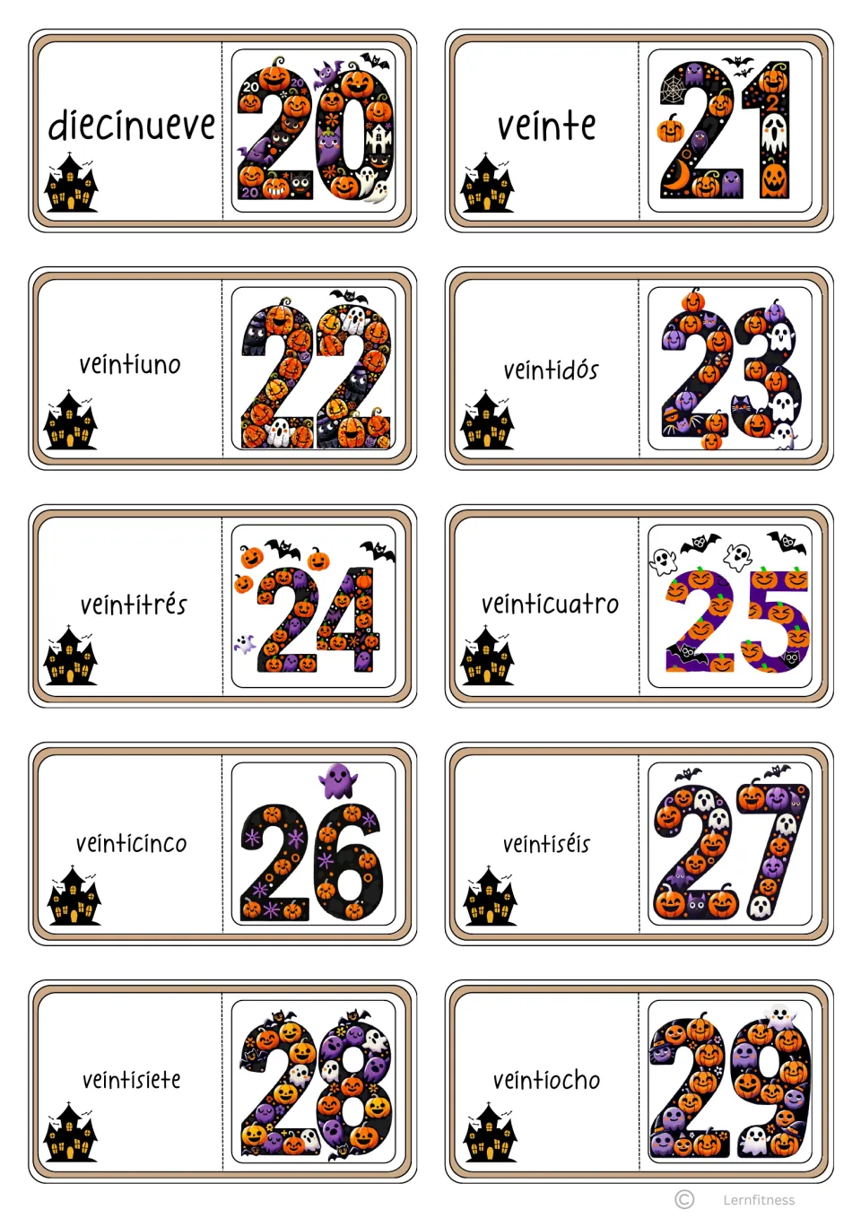Domino cards 20 to 29: Spanish words diecinueve to veintiocho, each matched to the following numeral