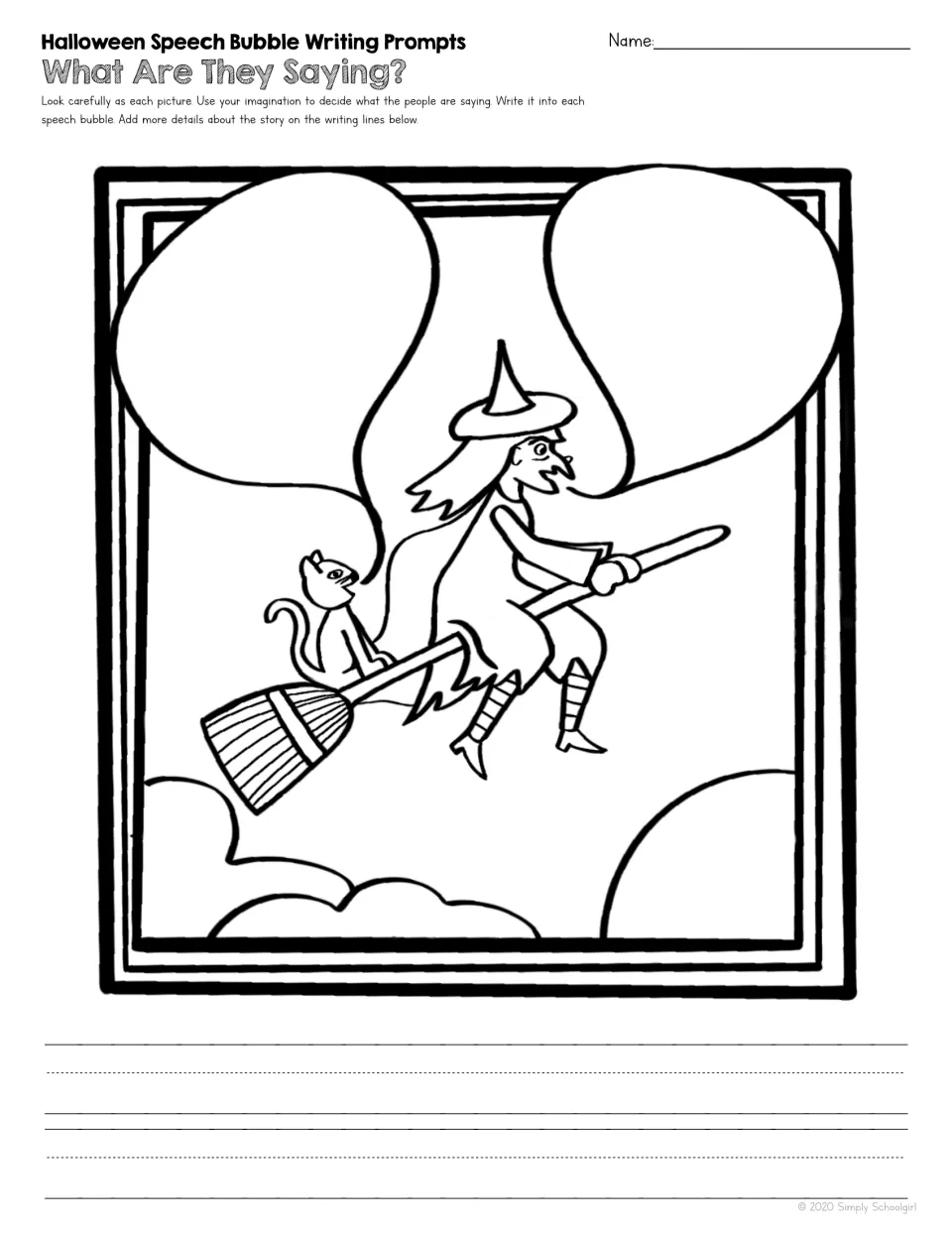 What Are They Saying? A witch and cat fly on a broom; students write dialogue in two speech bubbles, then add story details