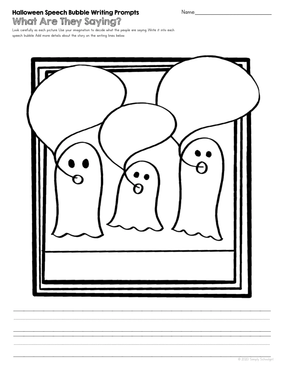Three ghosts talking: students imagine each ghost's words, write them in three speech bubbles and extend the story below