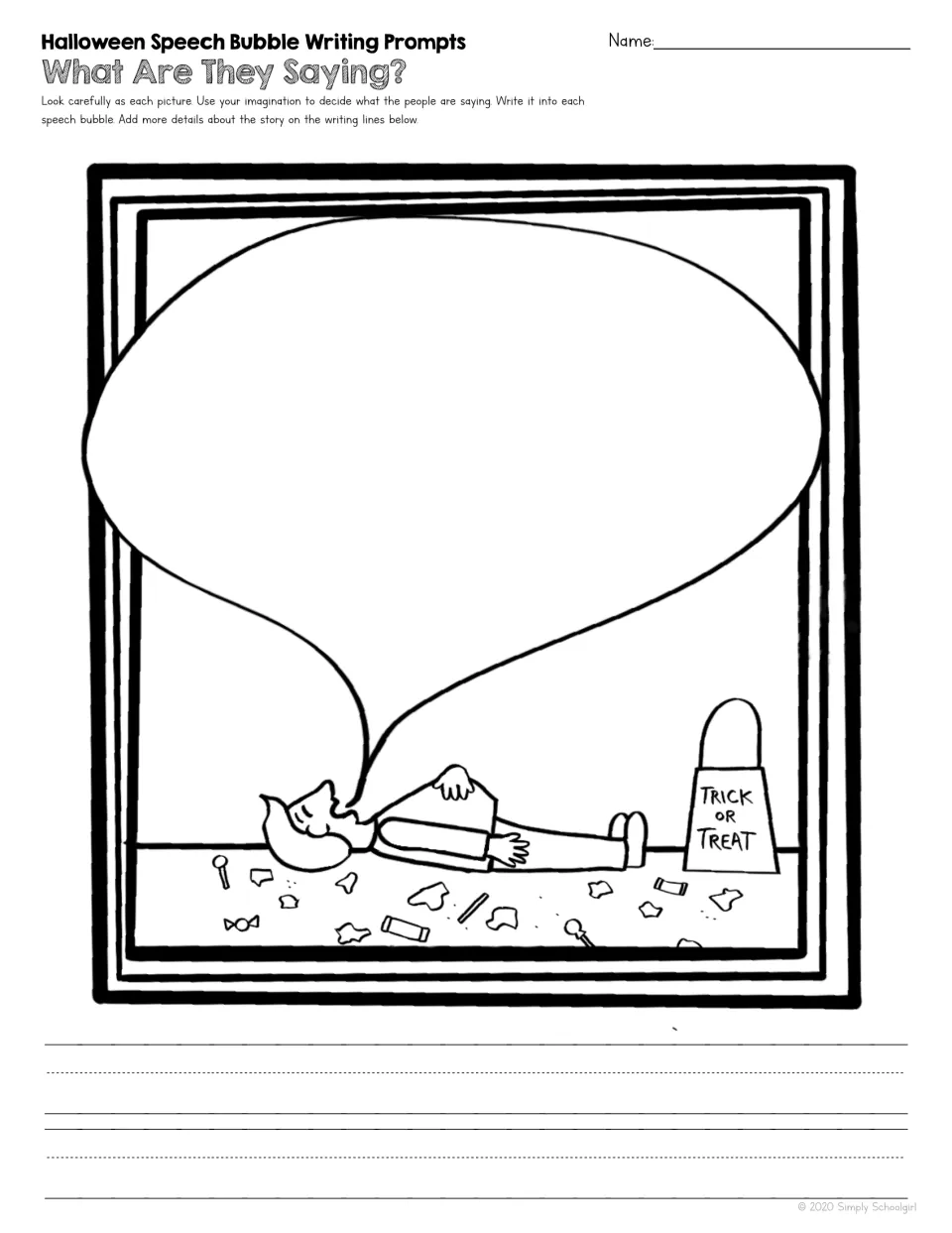 A child lies beside a Trick or Treat bag and scattered candy; students write the child's words in one bubble, then a story