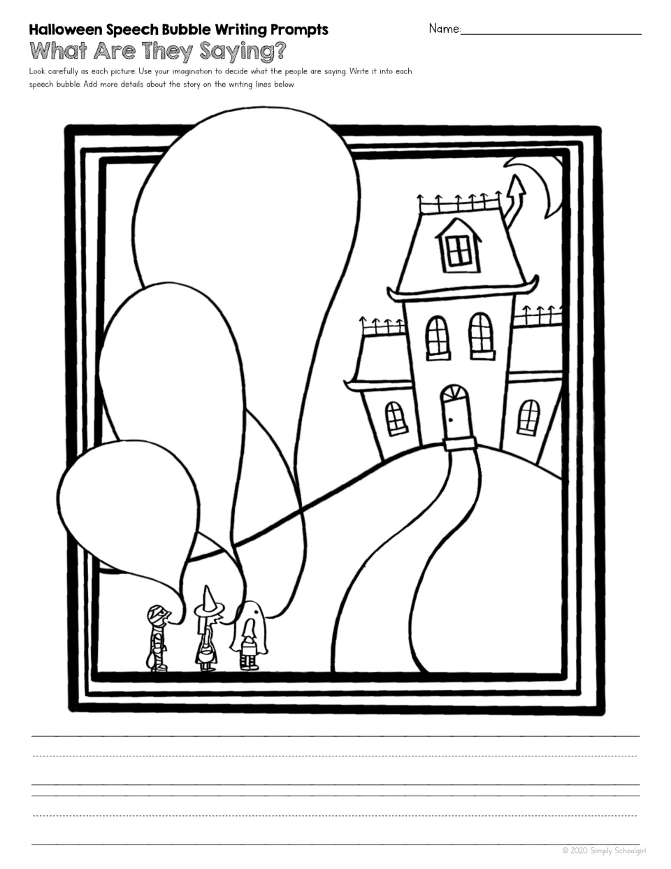 Three trick-or-treaters as a mummy, witch and ghost face a haunted house on a hill; students write what each one says