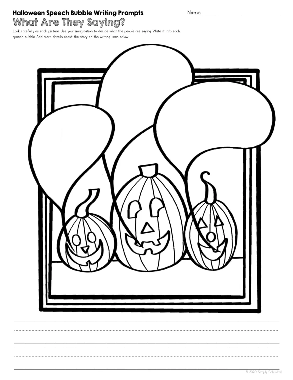 Three grinning jack-o'-lanterns talk: students give each pumpkin a line of dialogue in its bubble, then write story details