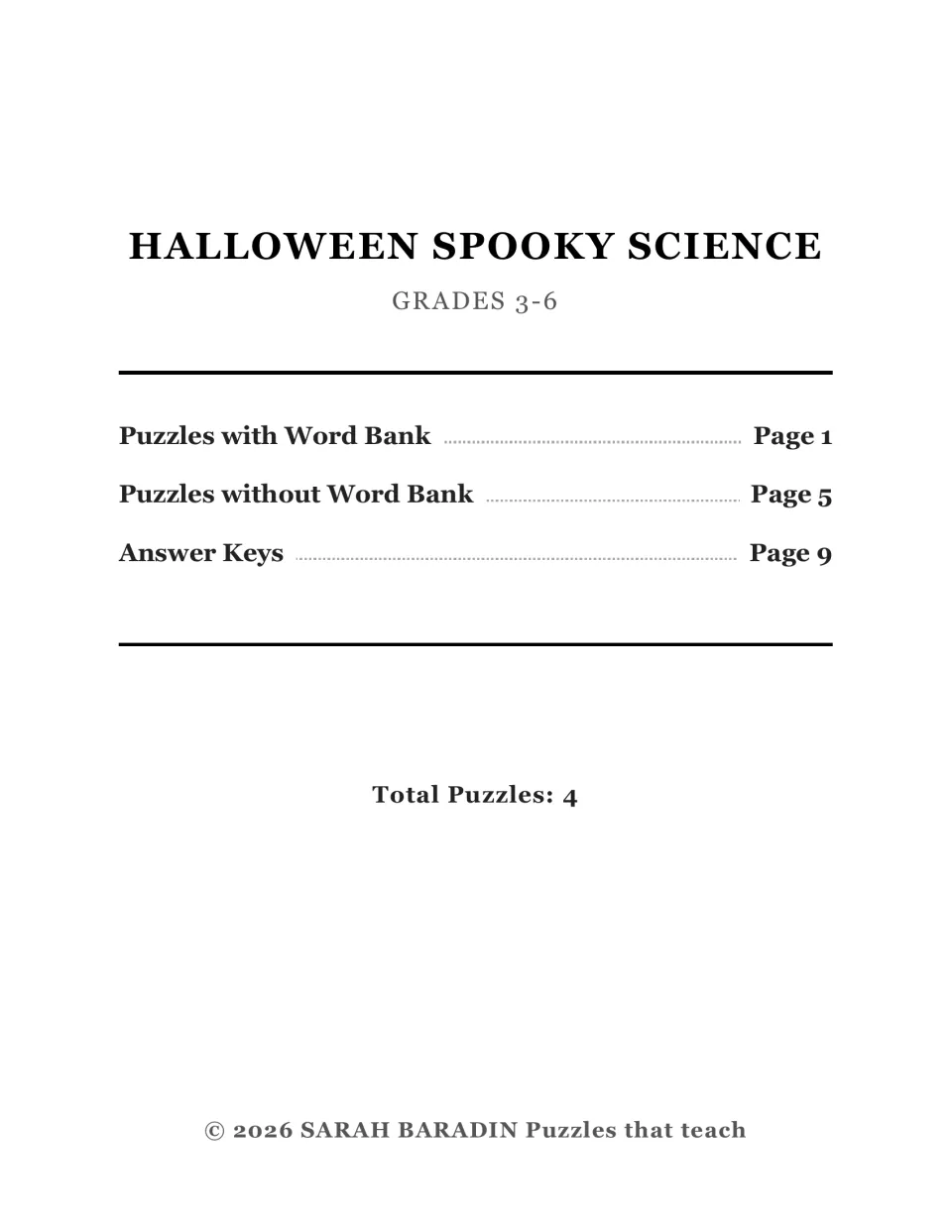 Halloween Spooky Science cover lists grades 3–6, four puzzles, versions with and without word banks, and keys
