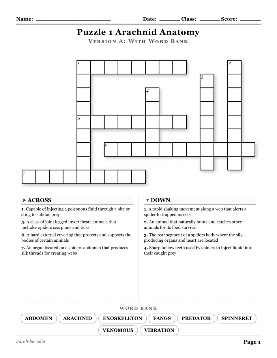 Arachnid Anatomy crossword with a word bank: abdomen, arachnid, exoskeleton, fangs, and four more terms