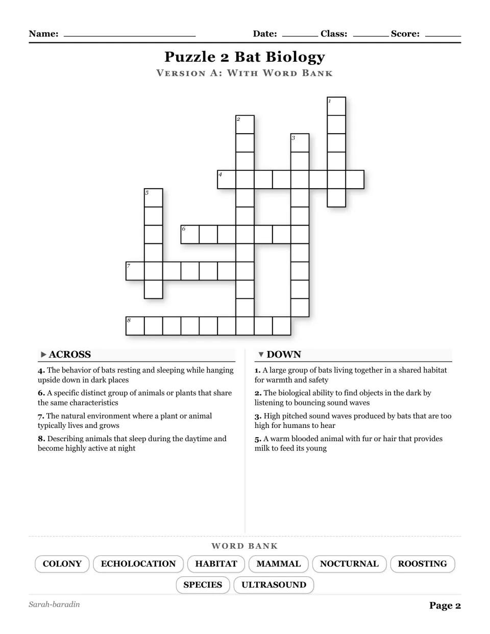 Bat Biology crossword with a word bank: colony, echolocation, habitat, mammal, and four more science terms