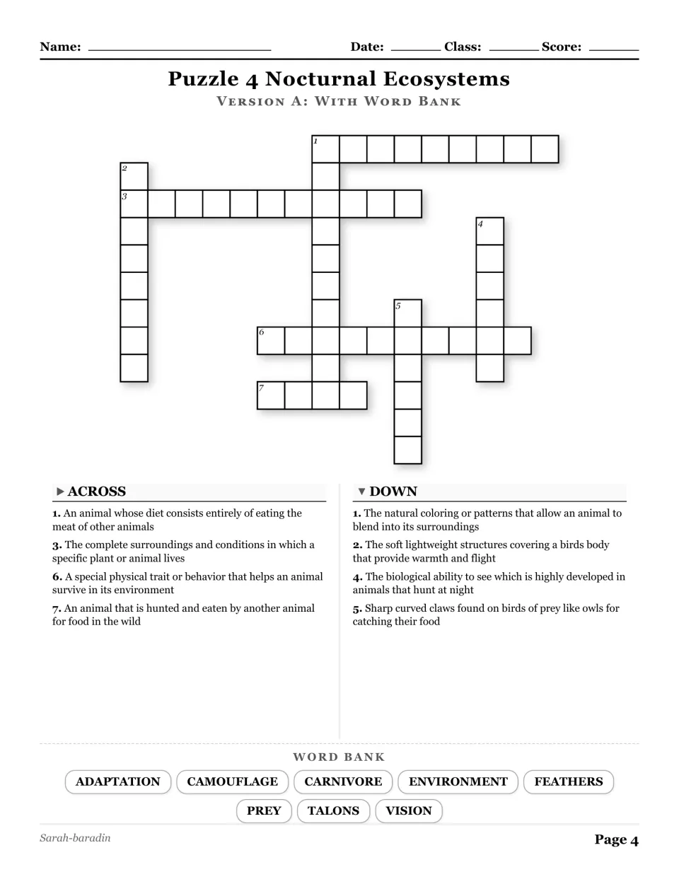 Nocturnal Ecosystems crossword with a word bank: adaptation, camouflage, carnivore, and five more terms