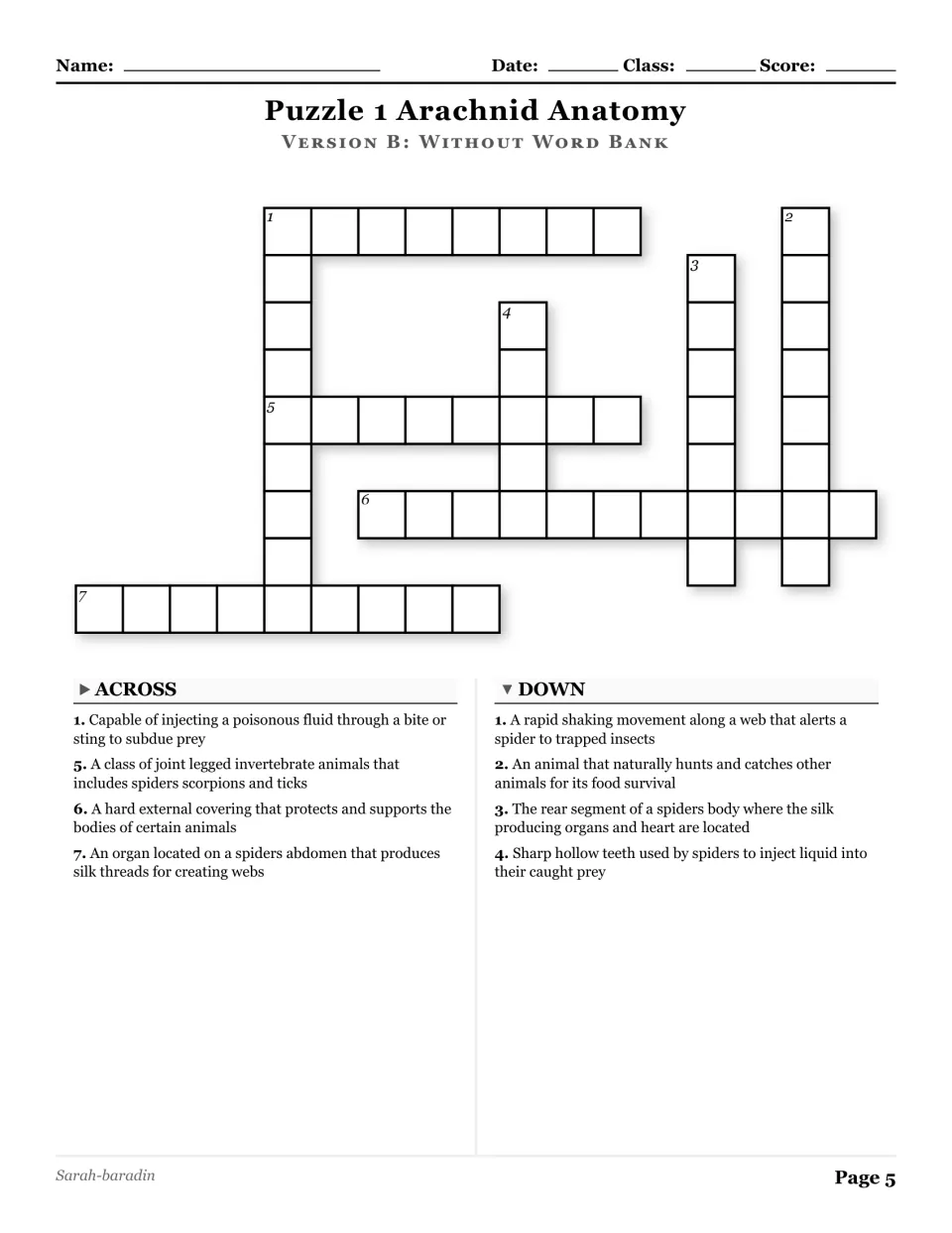 Arachnid Anatomy crossword without a word bank, with eight clues about spider body parts and behavior