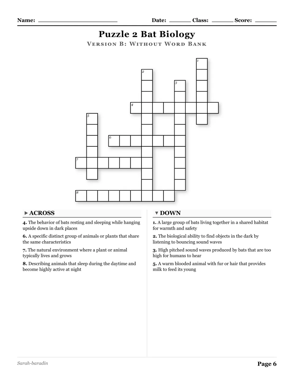 Bat Biology crossword without a word bank, with eight clues about echolocation, roosting, and other terms