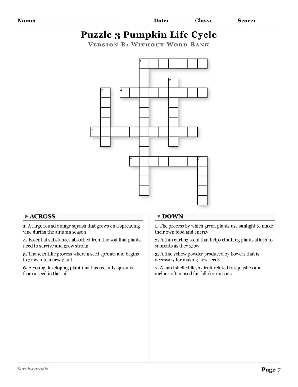 Pumpkin Life Cycle crossword without a word bank, with eight clues about germination, pollen, and plant growth