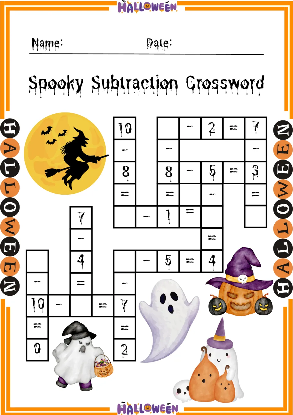 Spooky Subtraction Crossword: students fill in missing numbers in facts within 10, such as _ - 2 = 7 and 10 - _ = 7