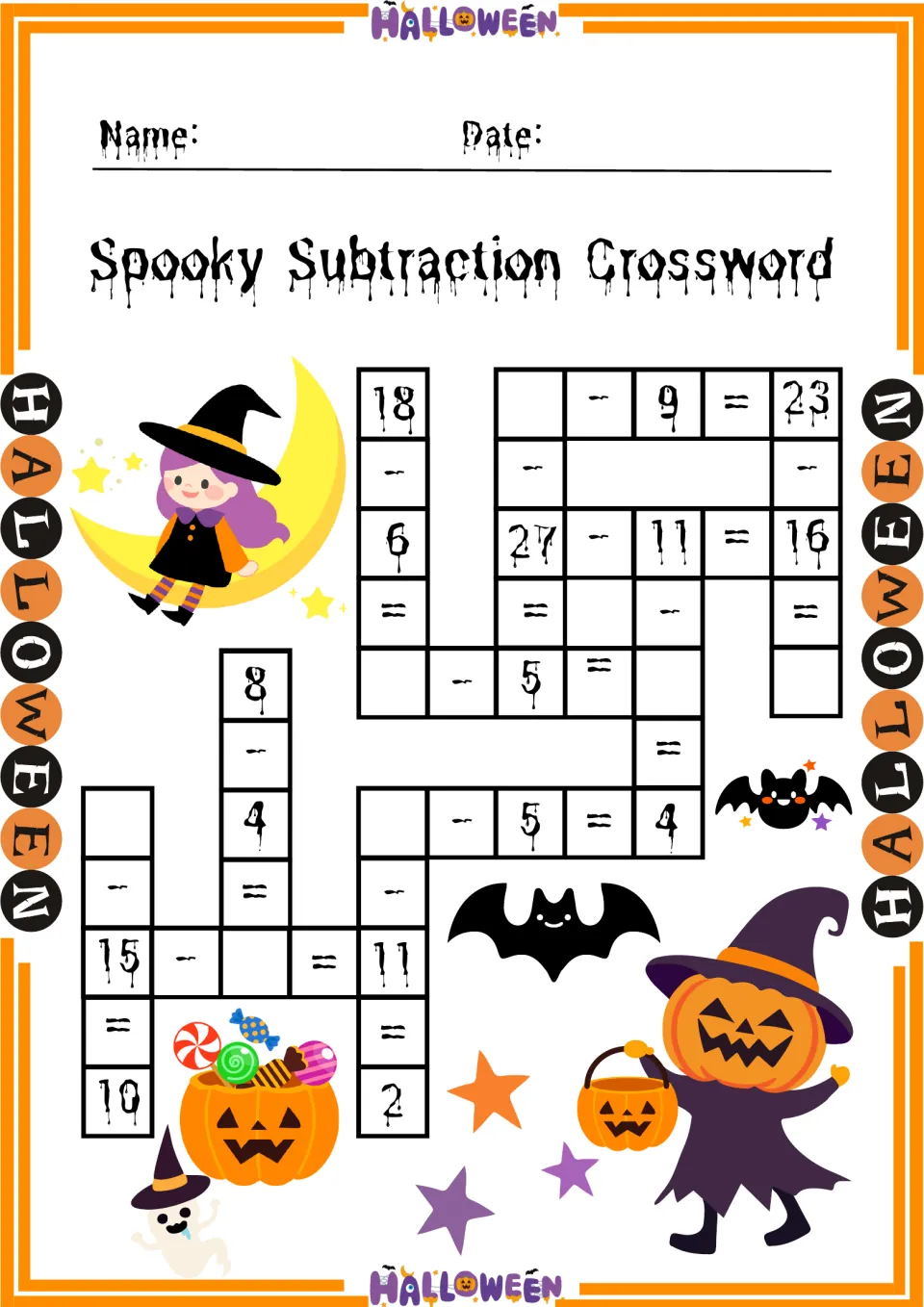 Halloween subtraction crossword with numbers up to 32: students find missing values, as in 15 - _ = 11 and _ - 9 = 23