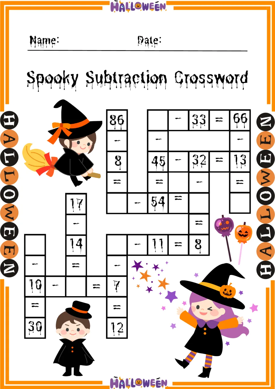Two-digit subtraction crossword: students solve facts like 45 - 32 = 13 and _ - 33 = 66 across and down