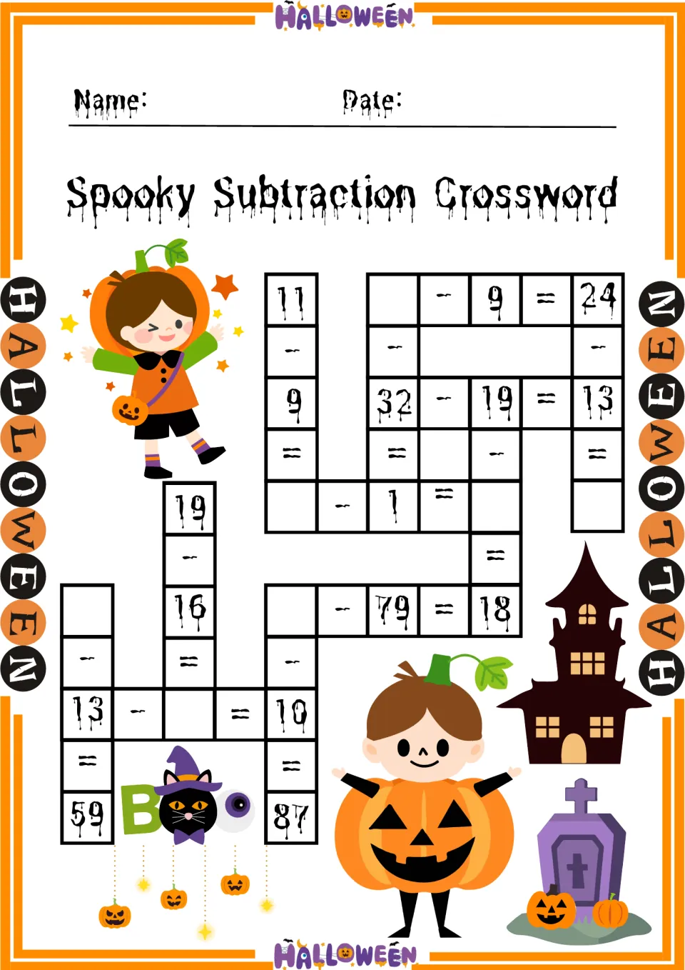 Halloween crossword of two-digit subtraction: students work out missing numbers in _ - 79 = 18 and 13 - _ = 10