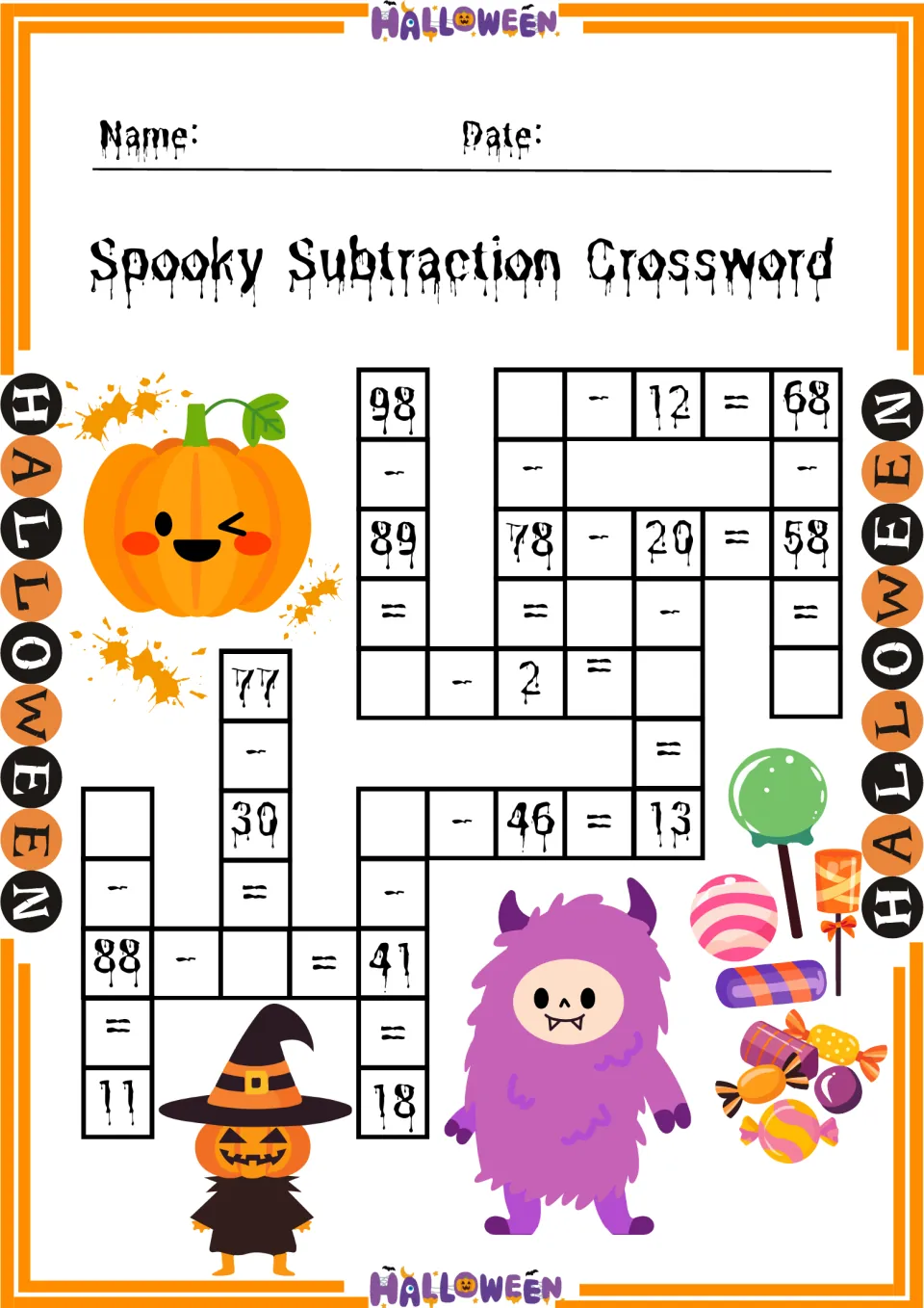 Subtraction crossword with numbers up to 99: students fill in facts such as 78 - 20 = 58, _ - 46 = 13 and 88 - _ = 41