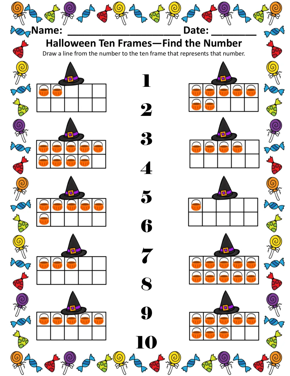 Find the Number, color: students draw lines matching numerals 1 to 10 to ten frames showing trick-or-treat pails