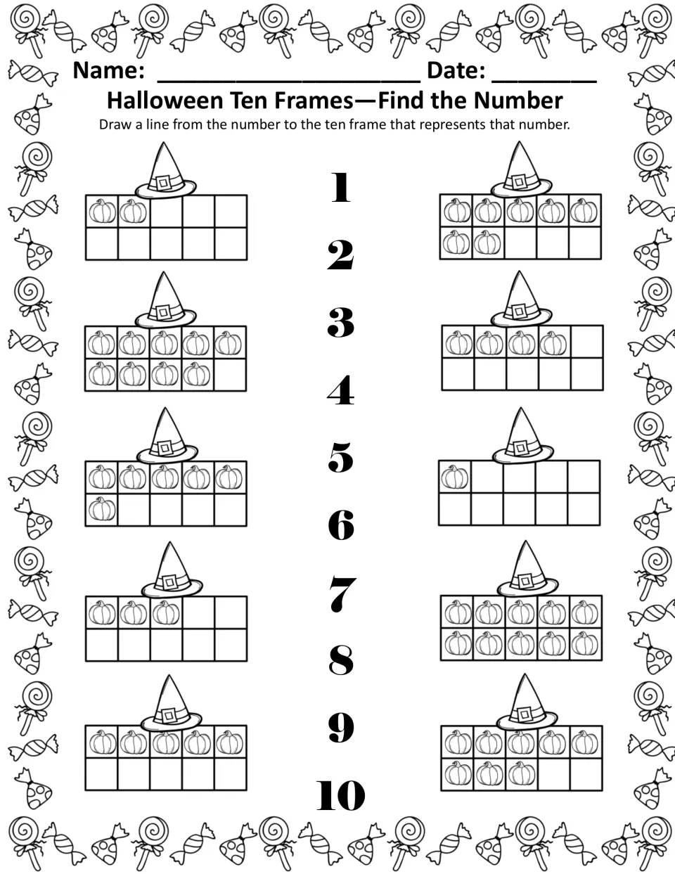 Find the Number, black and white: students match numerals 1 to 10 to ten frames showing pumpkins by drawing lines