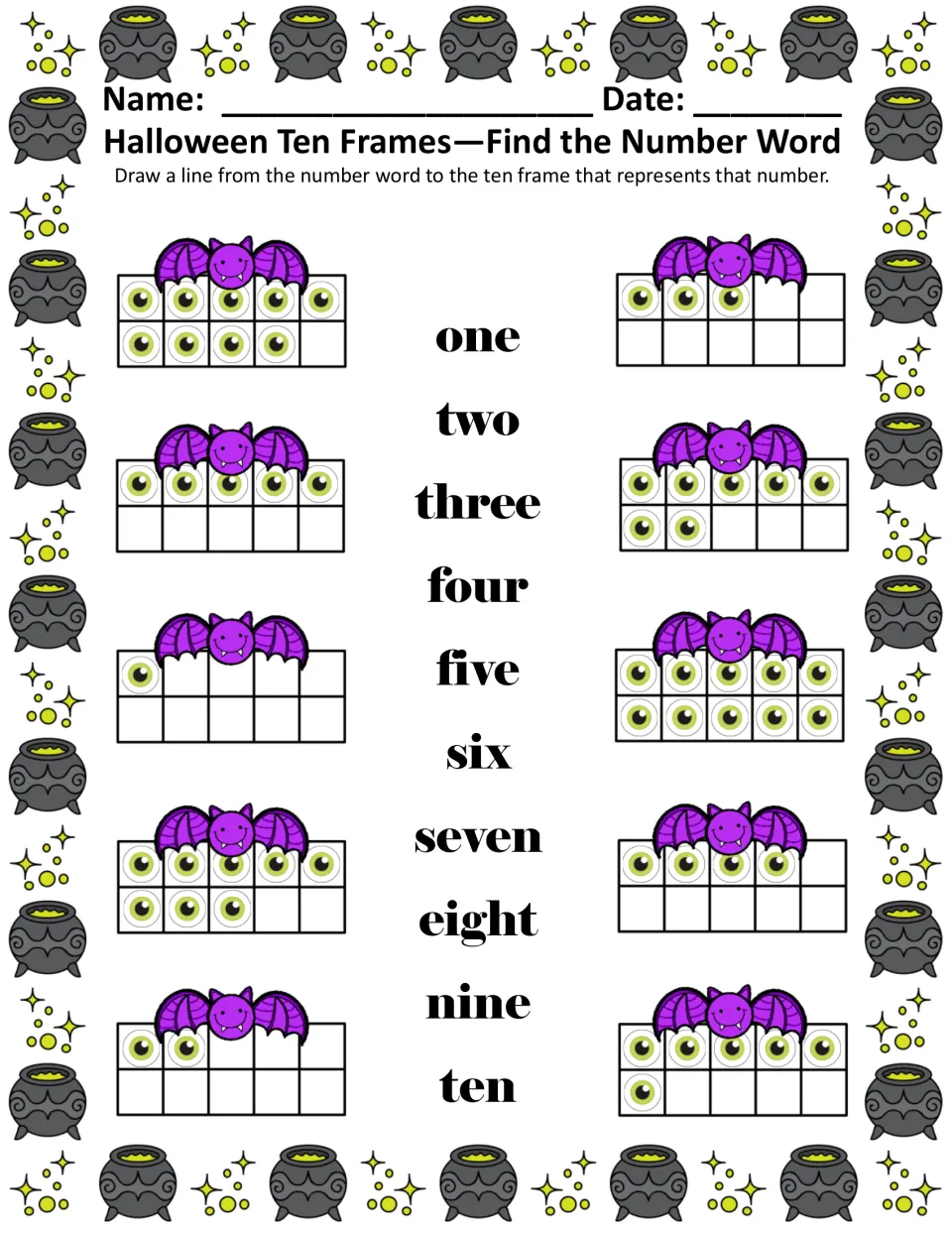 Find the Number Word, color: students connect number words one to ten with ten frames holding eyeballs under bats