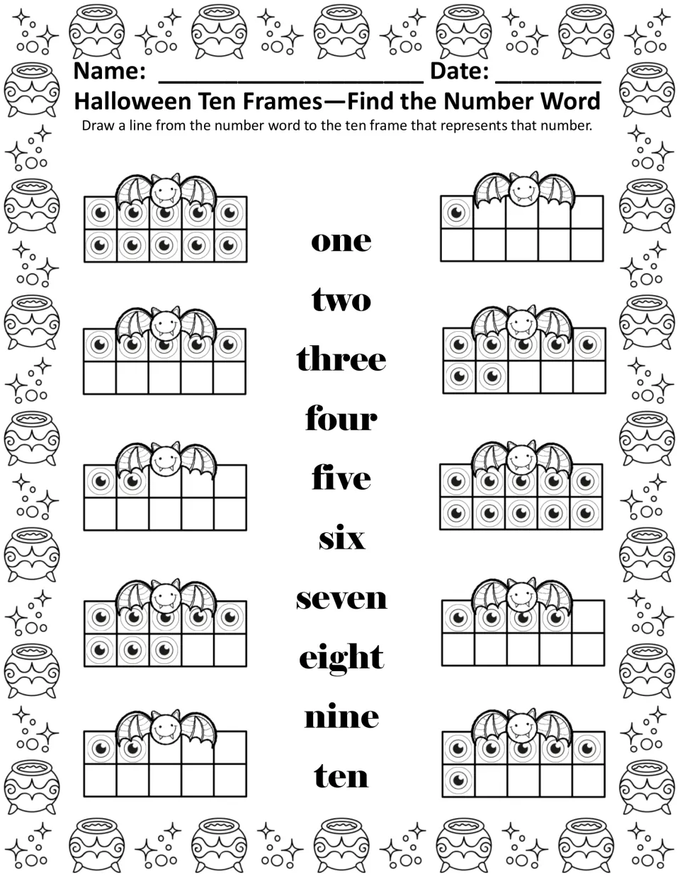 Find the Number Word, black and white: students draw lines from words one through ten to matching eyeball ten frames
