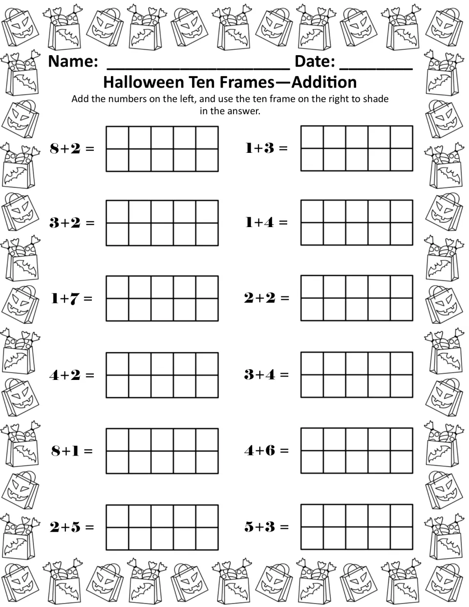 Ten frame addition, black and white: 12 problems from 8+2 to 5+3 where students shade the total in each frame
