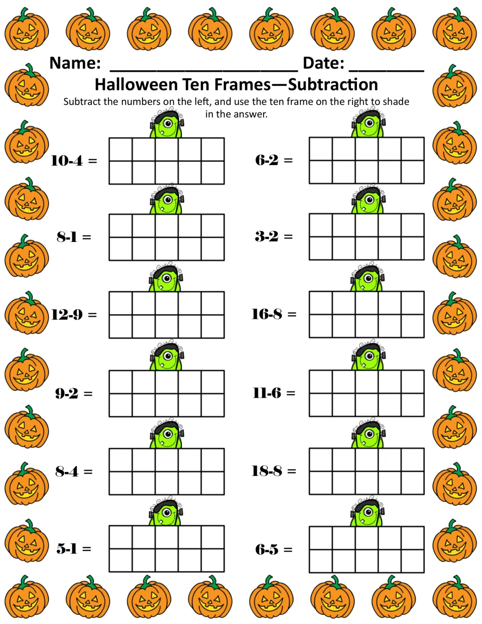 Ten frame subtraction, color: students solve 12 problems like 10-4, 12-9 and 18-8 and shade each difference in a frame