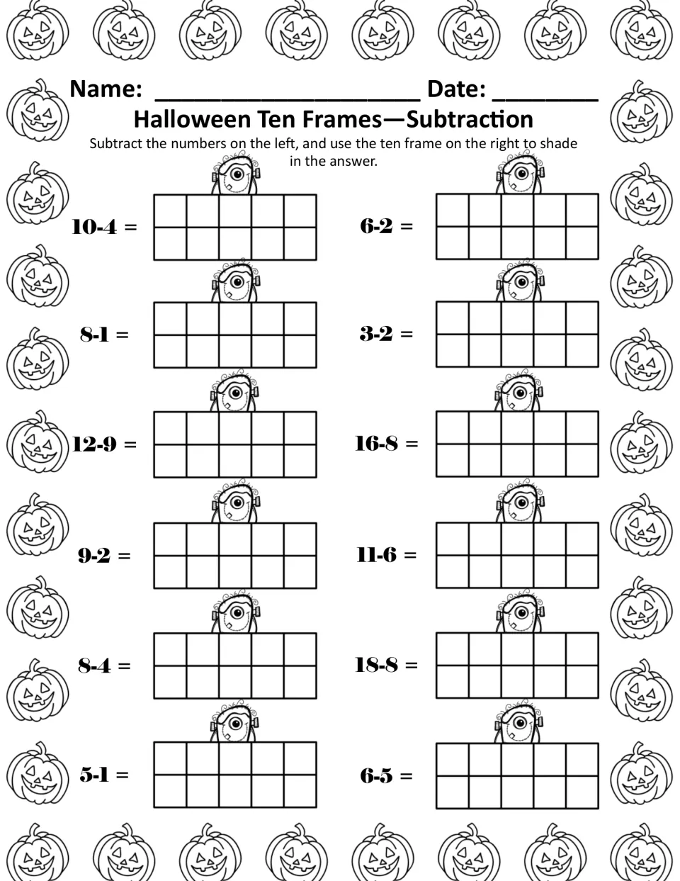 Ten frame subtraction, black and white: 12 problems from 10-4 to 6-5 with a ten frame beside each for shading the answer