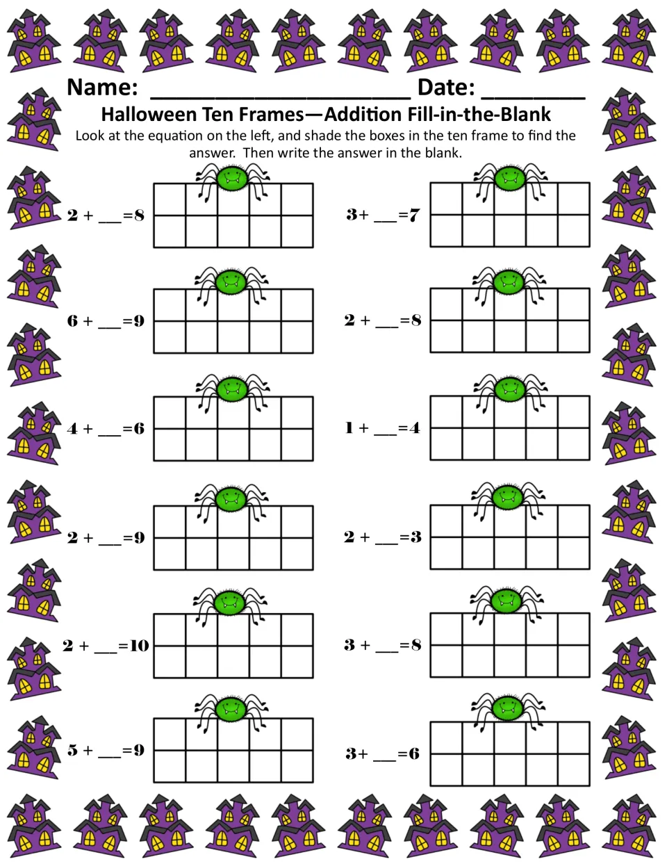 Missing addend practice: students shade ten frames to solve 12 equations like 2 + _ = 8, then write each missing number