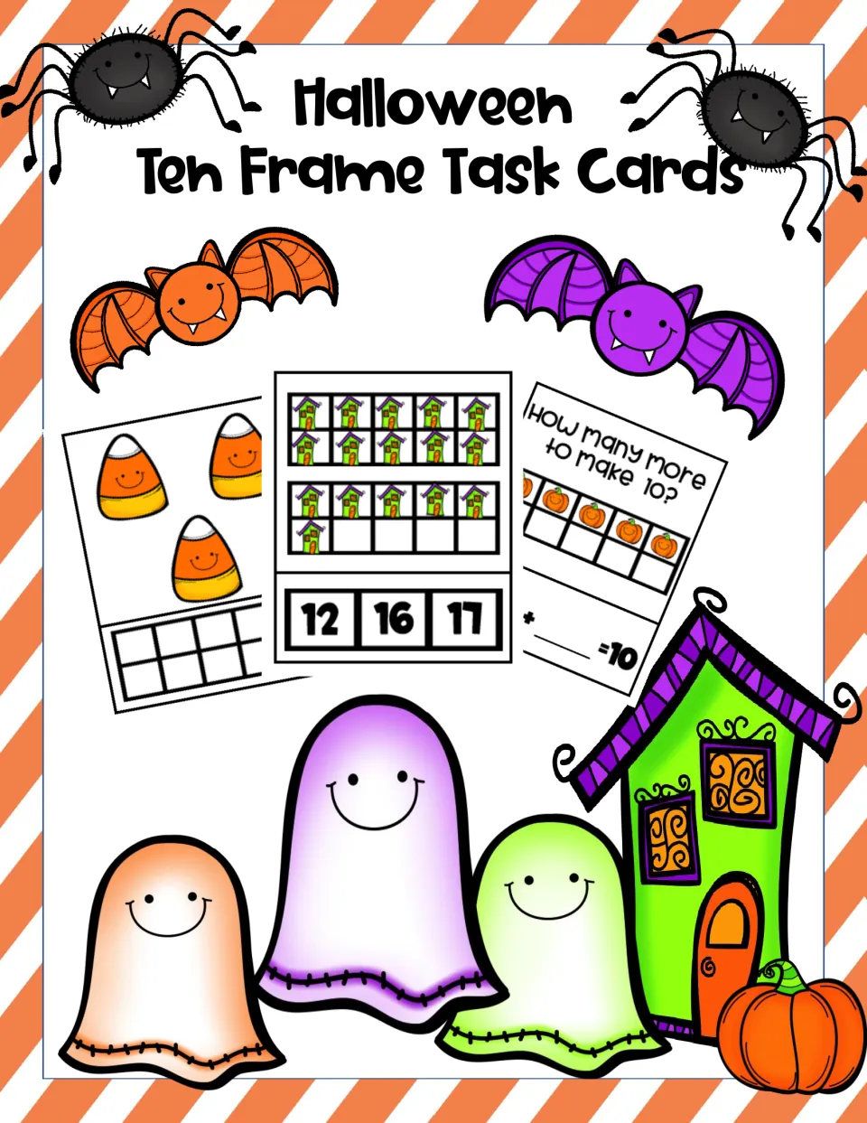 Halloween Ten Frame Task Cards cover showing samples for counting, matching numbers, and making 10
