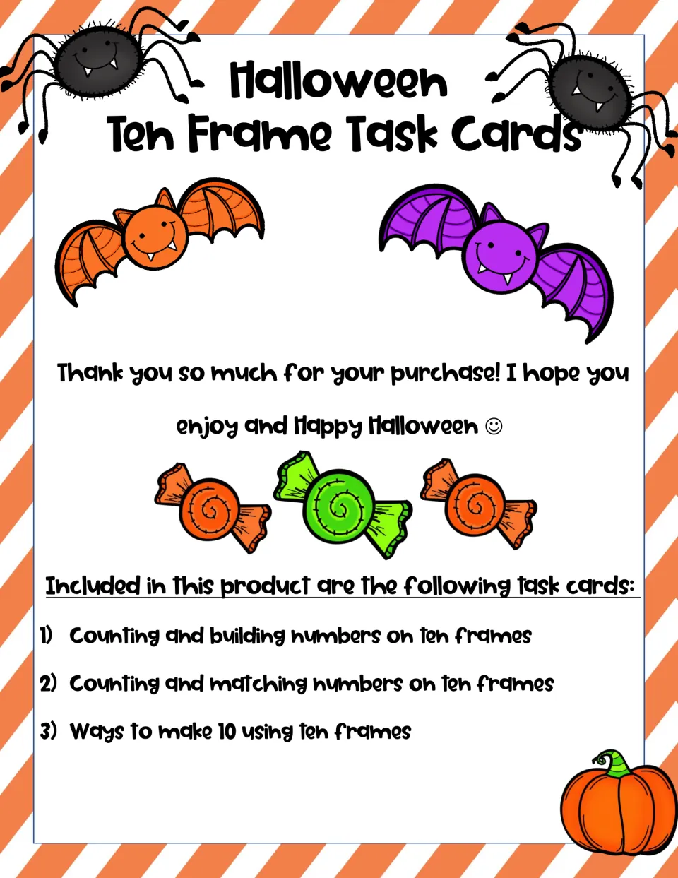 Task card overview listing counting and building numbers, matching numbers, and ways to make 10
