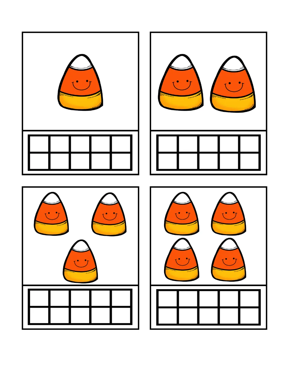 Counting-and-building cards 1–4 show groups of 1, 2, 3, and 4 candy corn pieces with empty ten frames