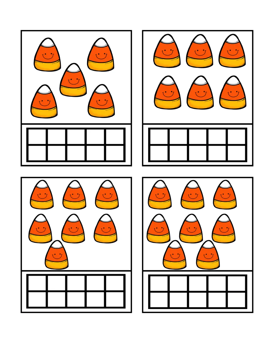 Counting-and-building cards 5–8 show groups of 5, 6, 7, and 8 candy corn pieces with empty ten frames