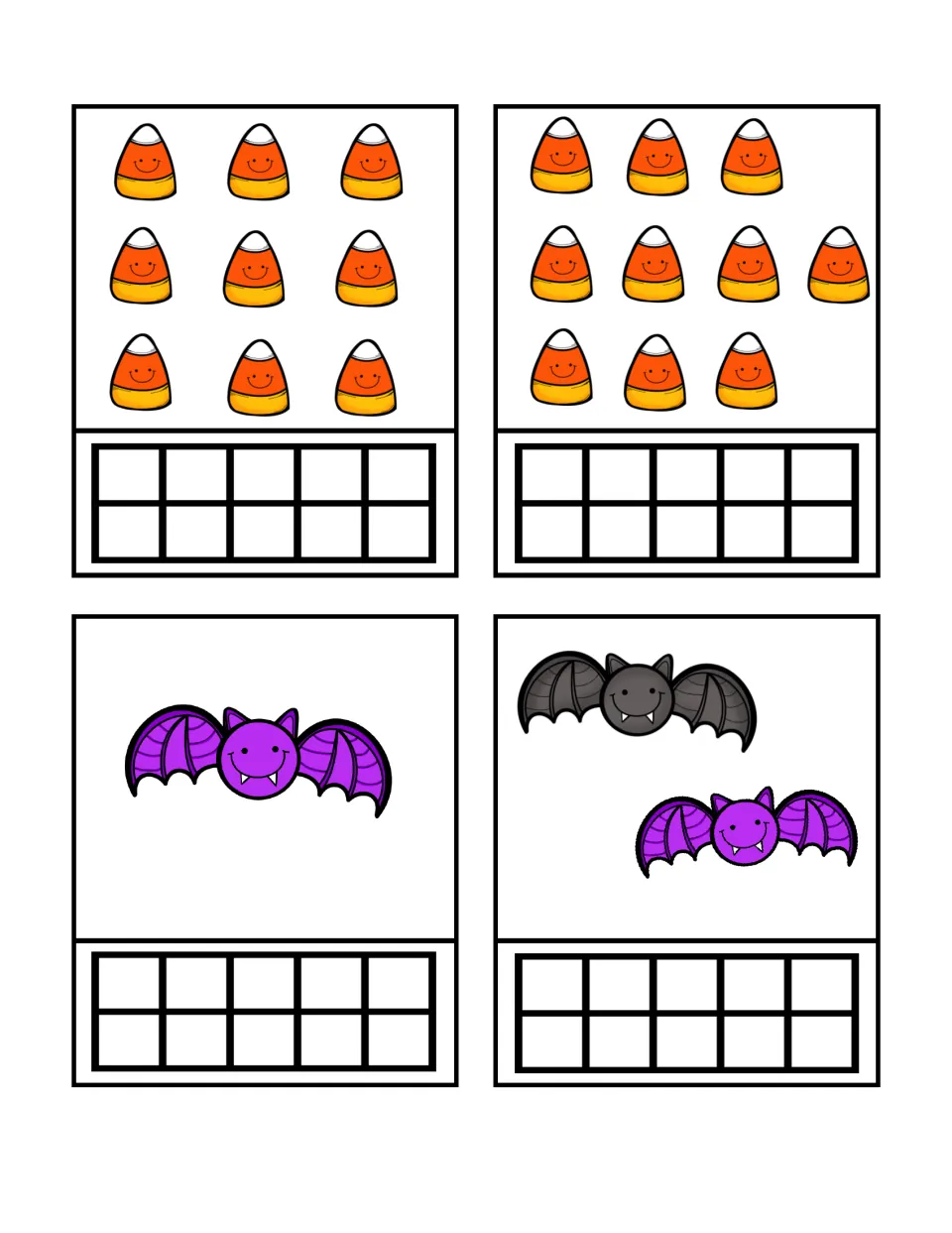 Counting-and-building cards 9–12 show 9 and 10 candy corn pieces, then 1 and 2 bats, with empty ten frames