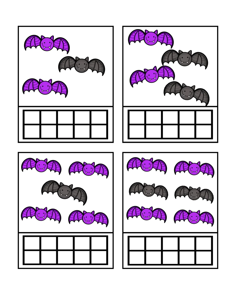Counting-and-building cards 13–16 show groups of 3, 4, 5, and 6 bats to represent on empty ten frames