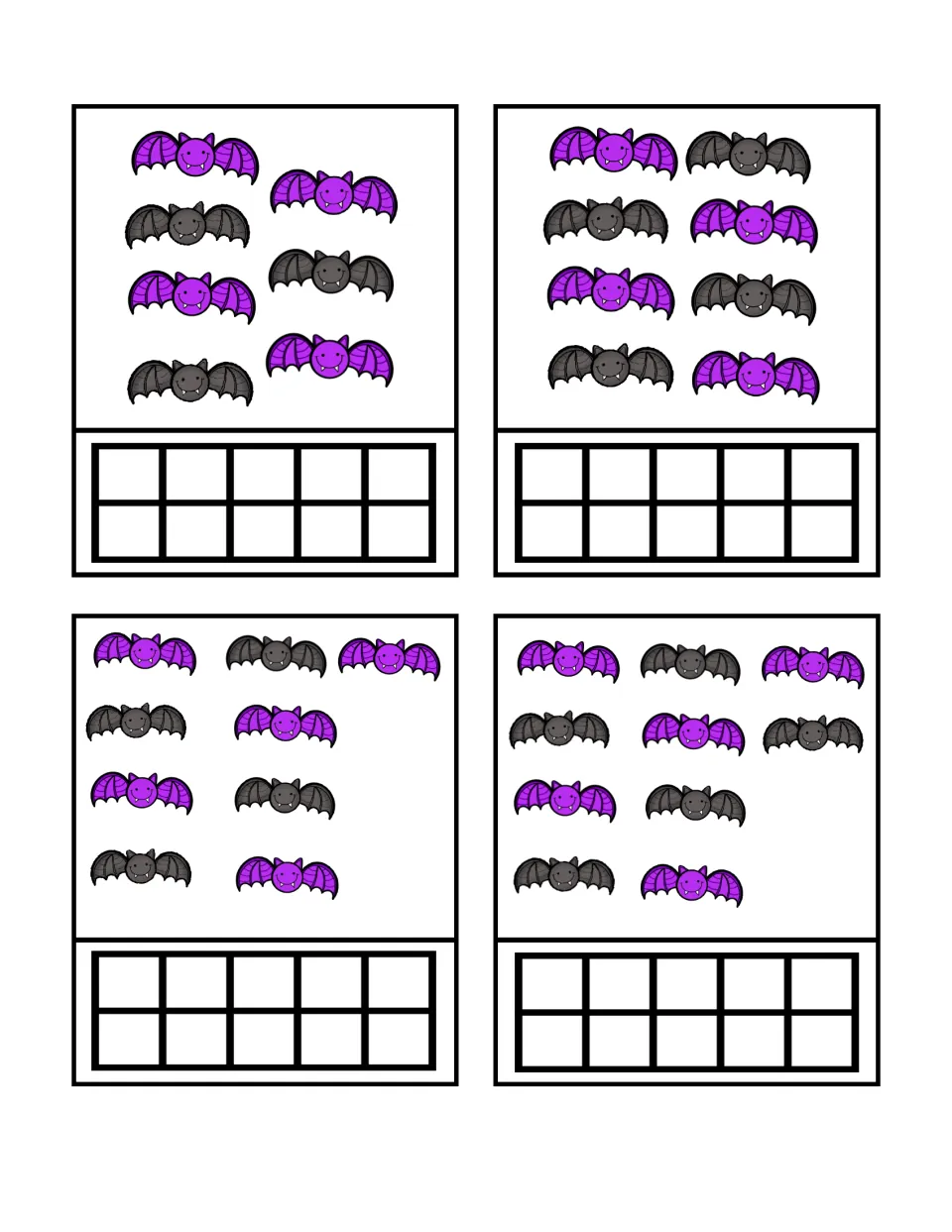 Counting-and-building cards 17–20 show groups of 7, 8, 9, and 10 bats to represent on empty ten frames