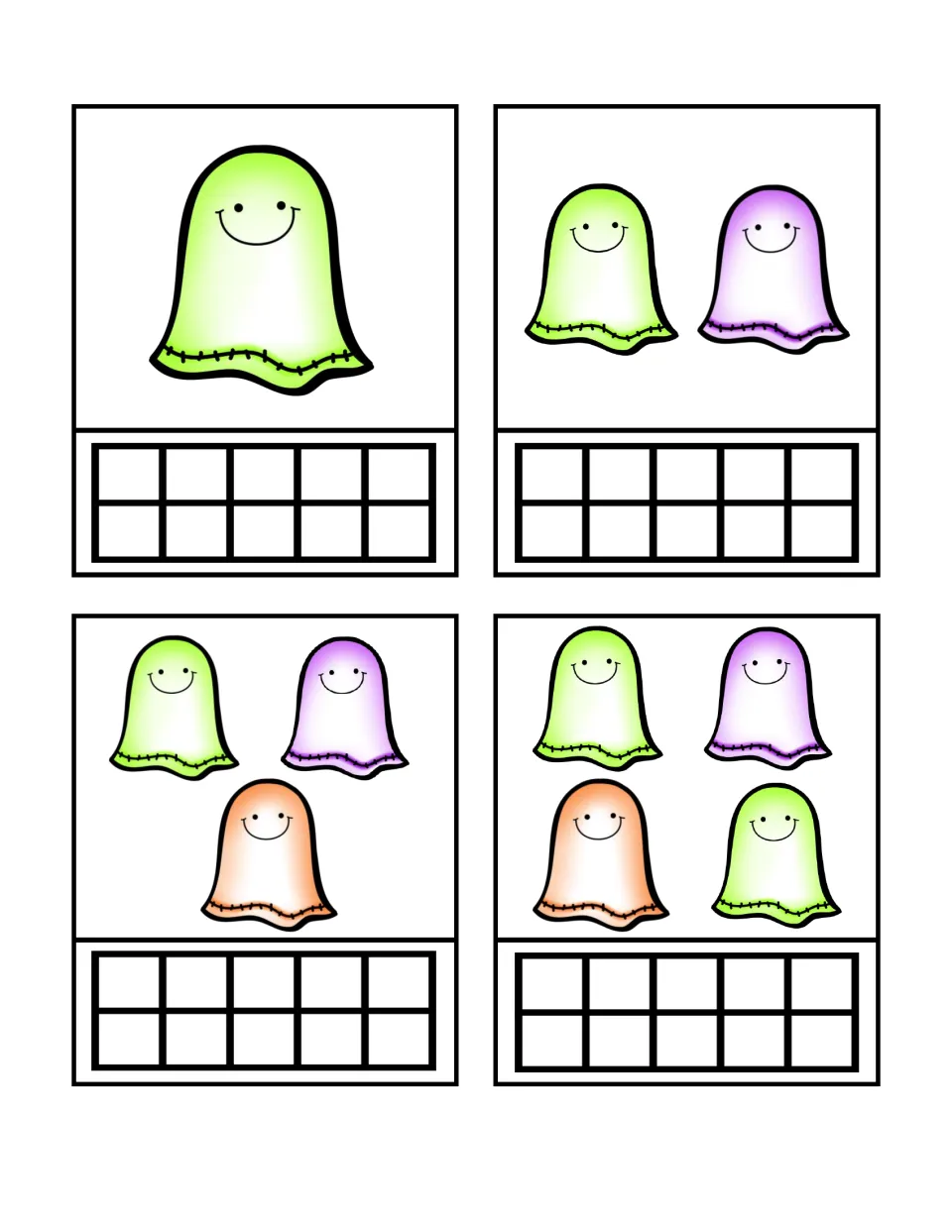 Counting-and-building cards 21–24 show groups of 1, 2, 3, and 4 ghosts to represent on empty ten frames
