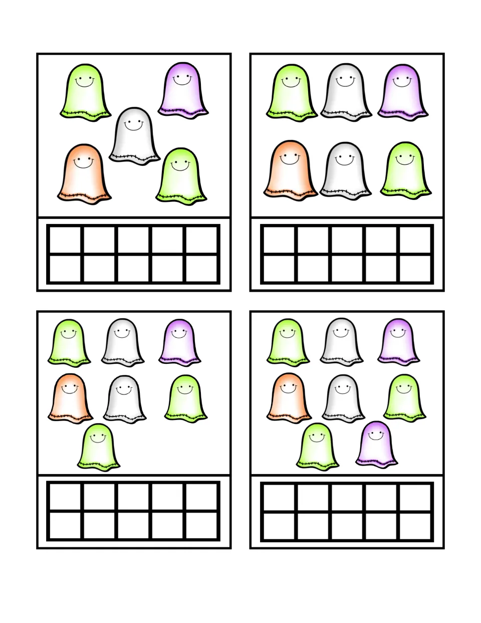 Counting-and-building cards 25–28 show groups of 5, 6, 7, and 8 ghosts to represent on empty ten frames