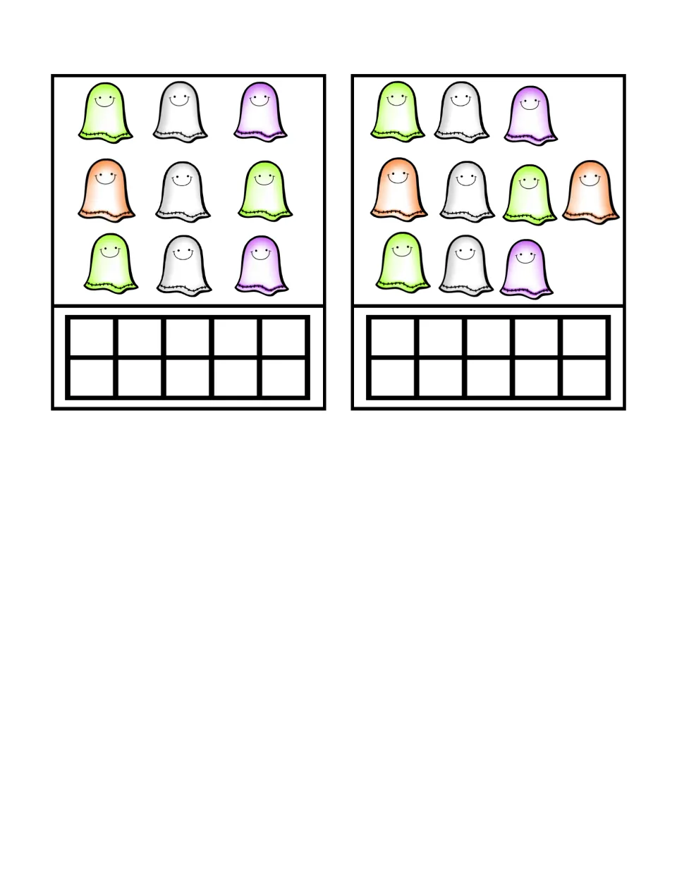 Counting-and-building cards 29–30 show groups of 9 and 10 ghosts to represent on empty ten frames