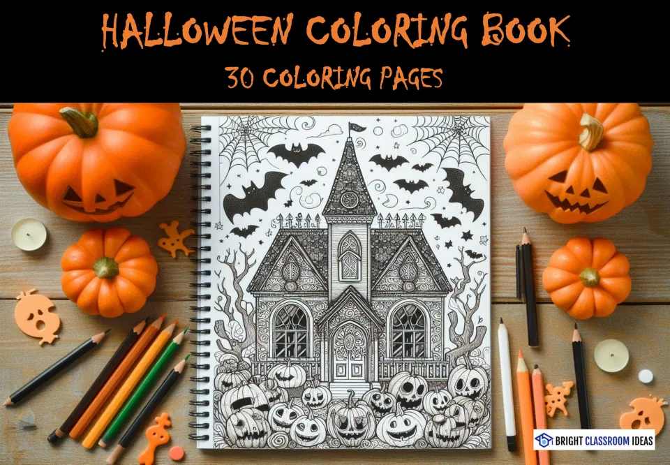 Halloween coloring book cover stating '30 Coloring Pages' and showing a haunted house coloring design