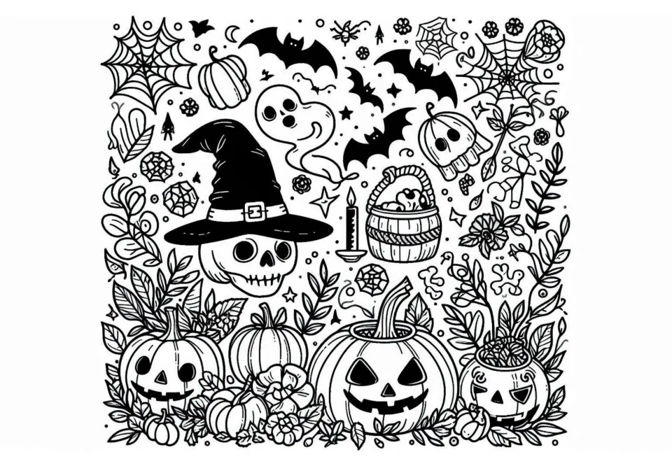 Halloween coloring sheet featuring a skull in a witch hat, jack-o'-lanterns, a ghost, bats, and flowers