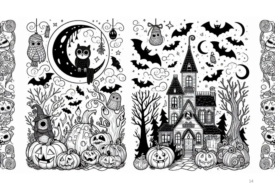 Halloween coloring sheet featuring owls beside a crescent moon and a tall haunted house among bare trees