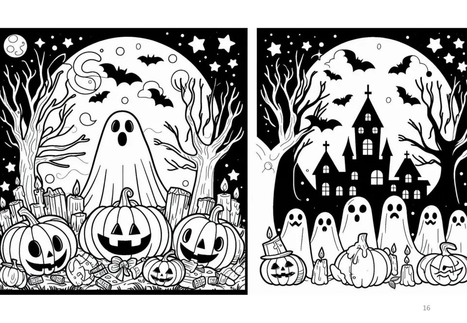 Halloween coloring sheet featuring a ghost behind jack-o'-lanterns and a group of ghosts below a castle
