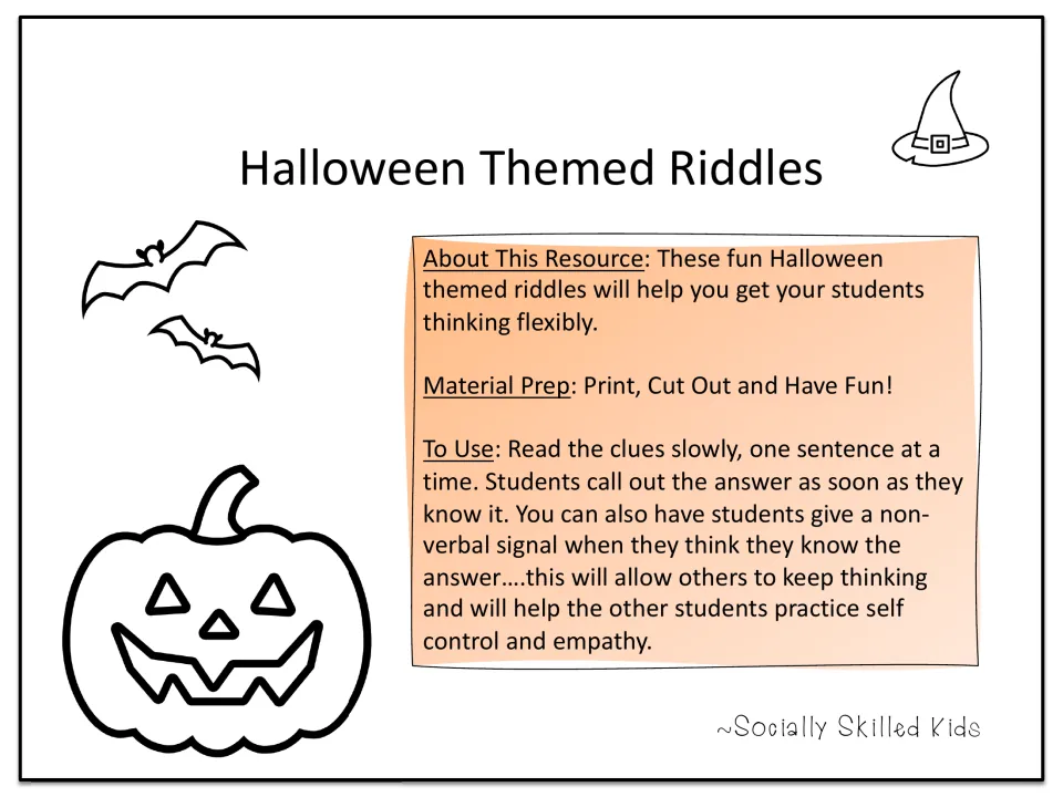 Halloween Themed Riddles title page with directions: read clues one sentence at a time and students call out the answer